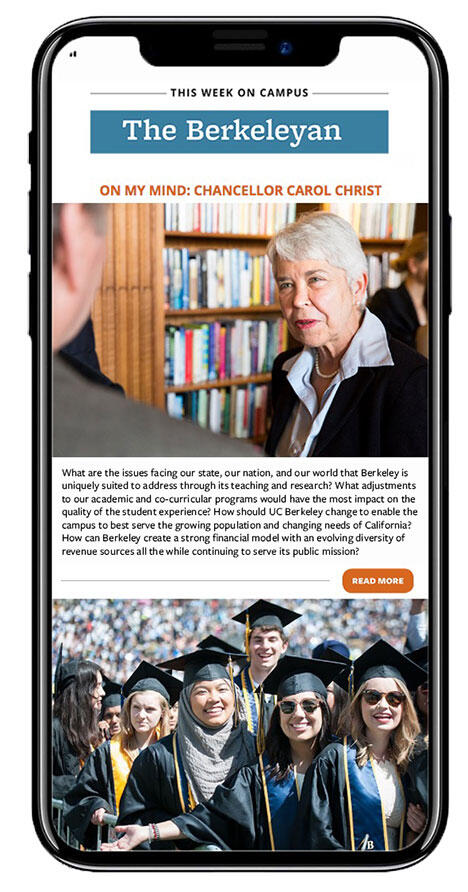 Smartphone displaying an issue of The Berkeleyan email newsletter